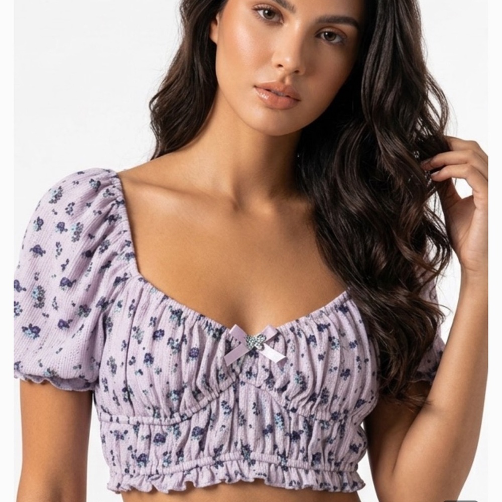 FOR LOVE & LEMONS | Lilac Floral Smocked Crop Top Puff Sleeves